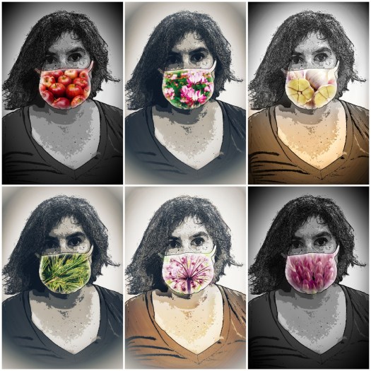 Woman wearing face mask with images of antiviral herbs